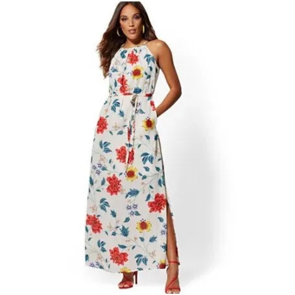 New York Company Dress Women's Large Multicolor Maxi Halter Top Floral Slit